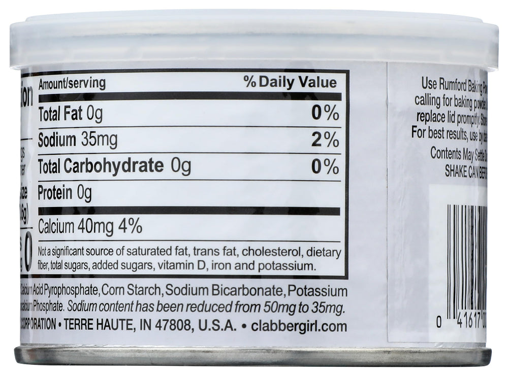 Rumford reduced-sodium baking powder leveling edge assists precise measurement