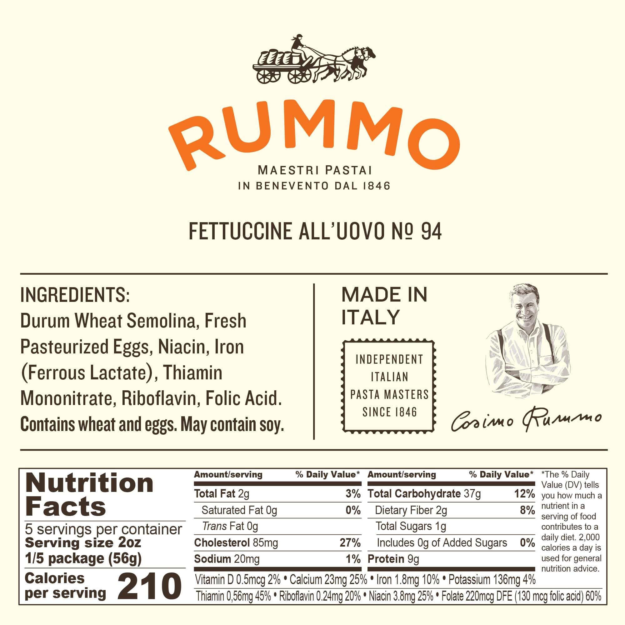 Rummo Fettuccine N.94 3-minute cook time badge, fast meal option.