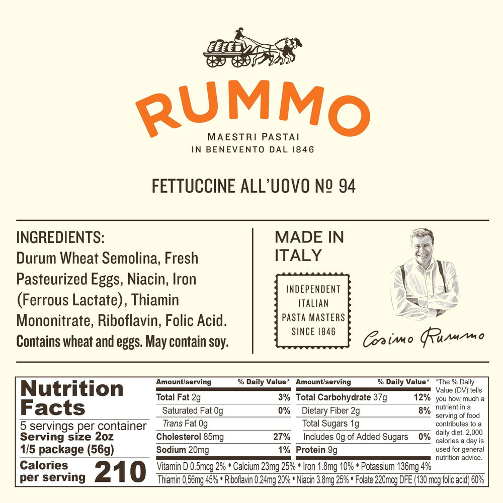 Rummo Fettuccine N.94 3-minute cook time badge, fast meal option.