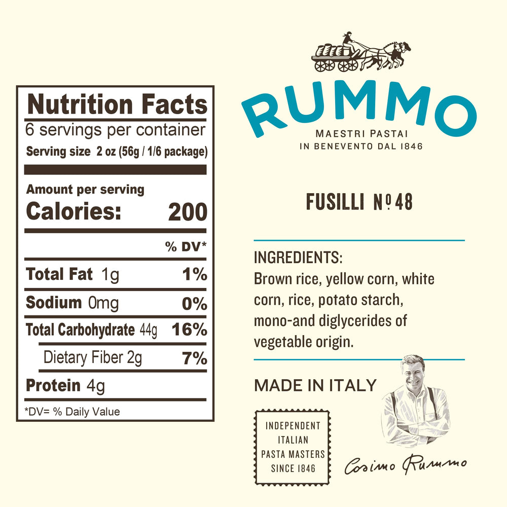 Uncooked Rummo gluten-free fusilli N.48 pasta ready to boil for gluten-free meals