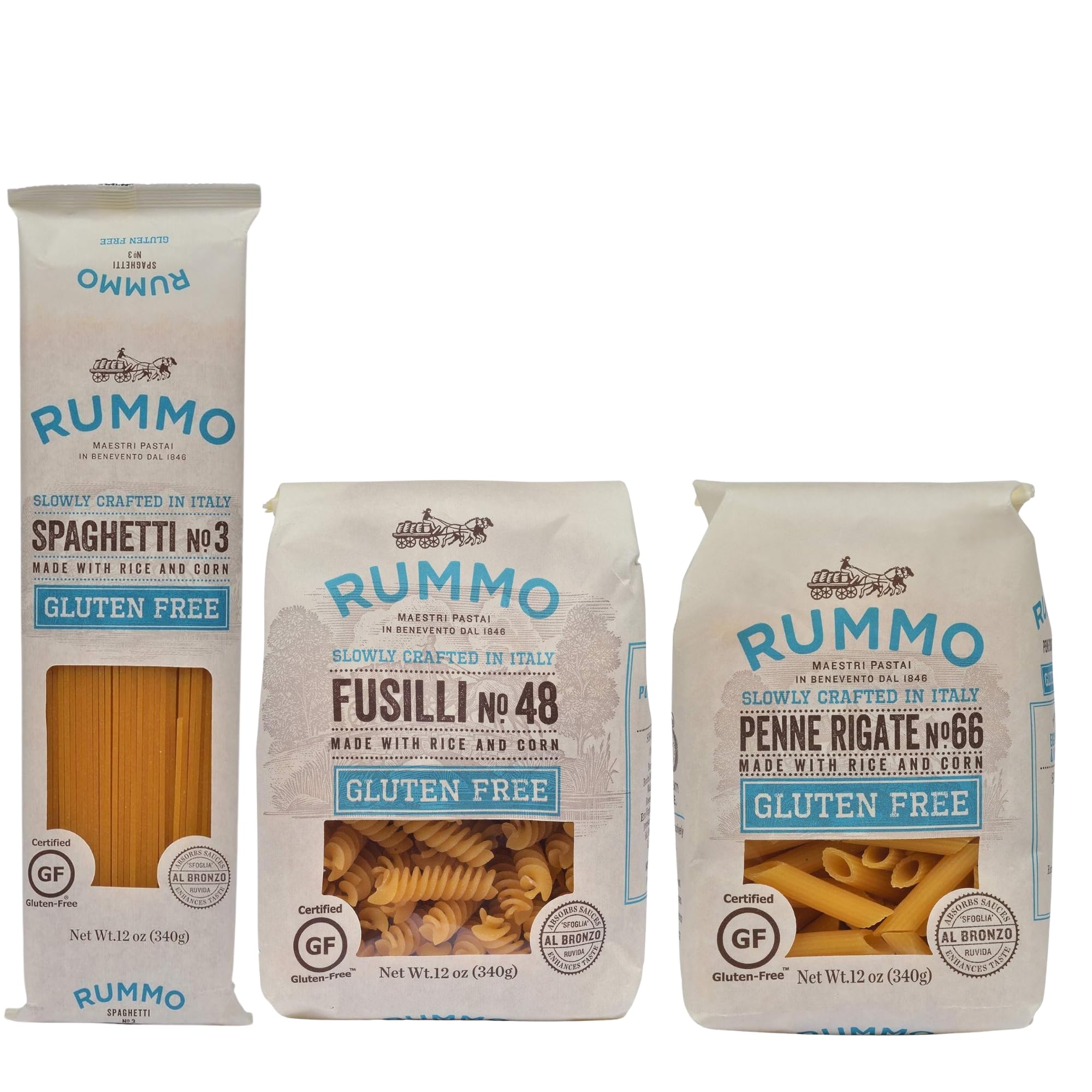 Rummo gluten-free pasta variety pack with spaghetti, fusilli, and penne for tasty gluten-free meals