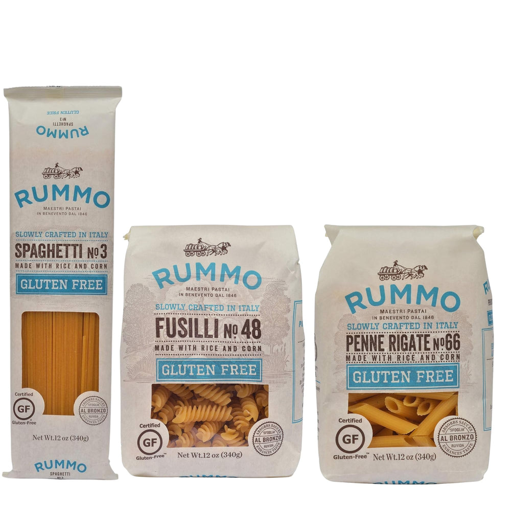 Rummo gluten-free pasta variety pack with spaghetti, fusilli, and penne for tasty gluten-free meals