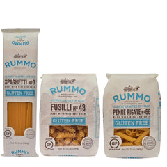 Rummo gluten-free pasta variety pack with spaghetti, fusilli, and penne for tasty gluten-free meals