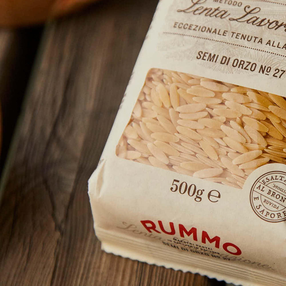 Rummo Semi Di Orzo N27 7-minute cook time supports fast dinners.