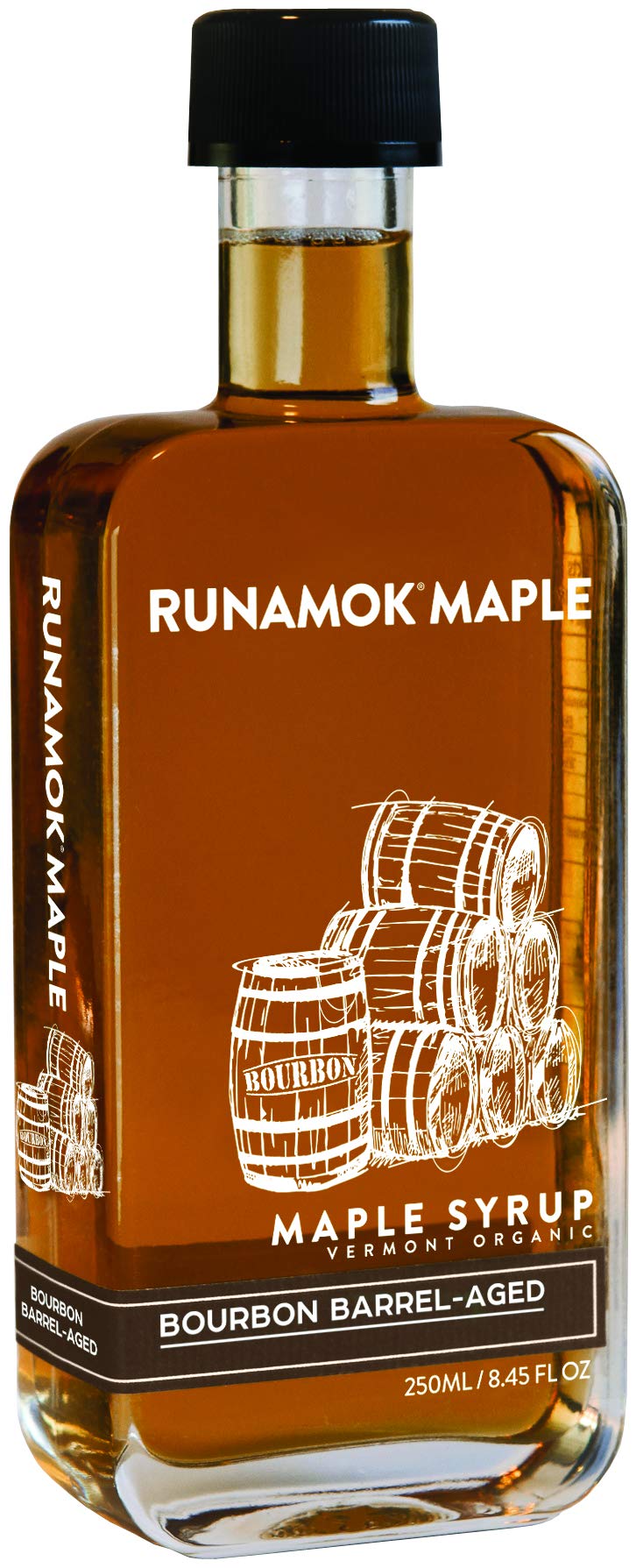 Runamok bourbon barrel aged maple syrup bottle, ideal for cocktails and pancakes.
