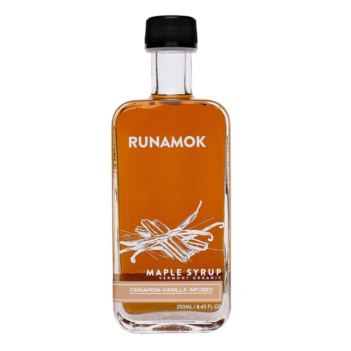 Runamok Cinnamon-Vanilla Maple Syrup bottle, showcasing Vermont purity, ideal for breakfast sweetness