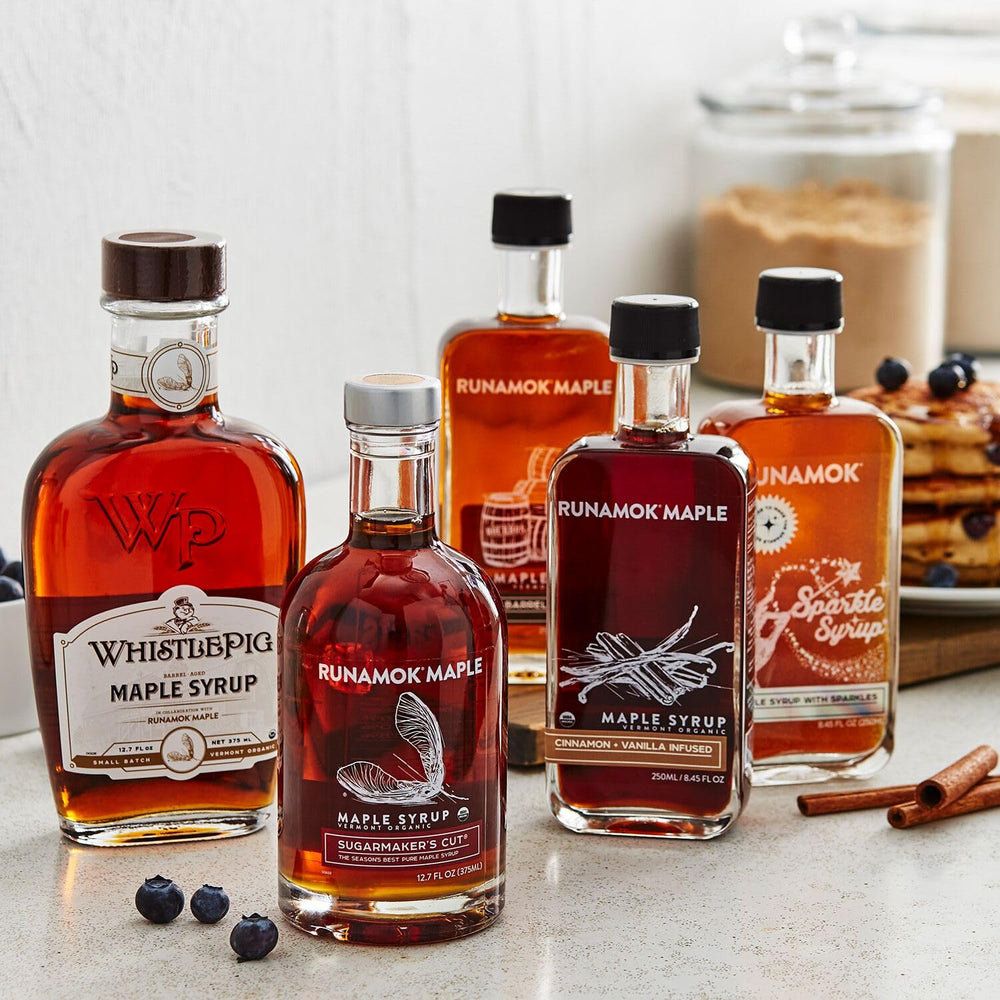 Runamok Cinnamon-Vanilla syrup pouring over pancakes, elevating breakfast flavor