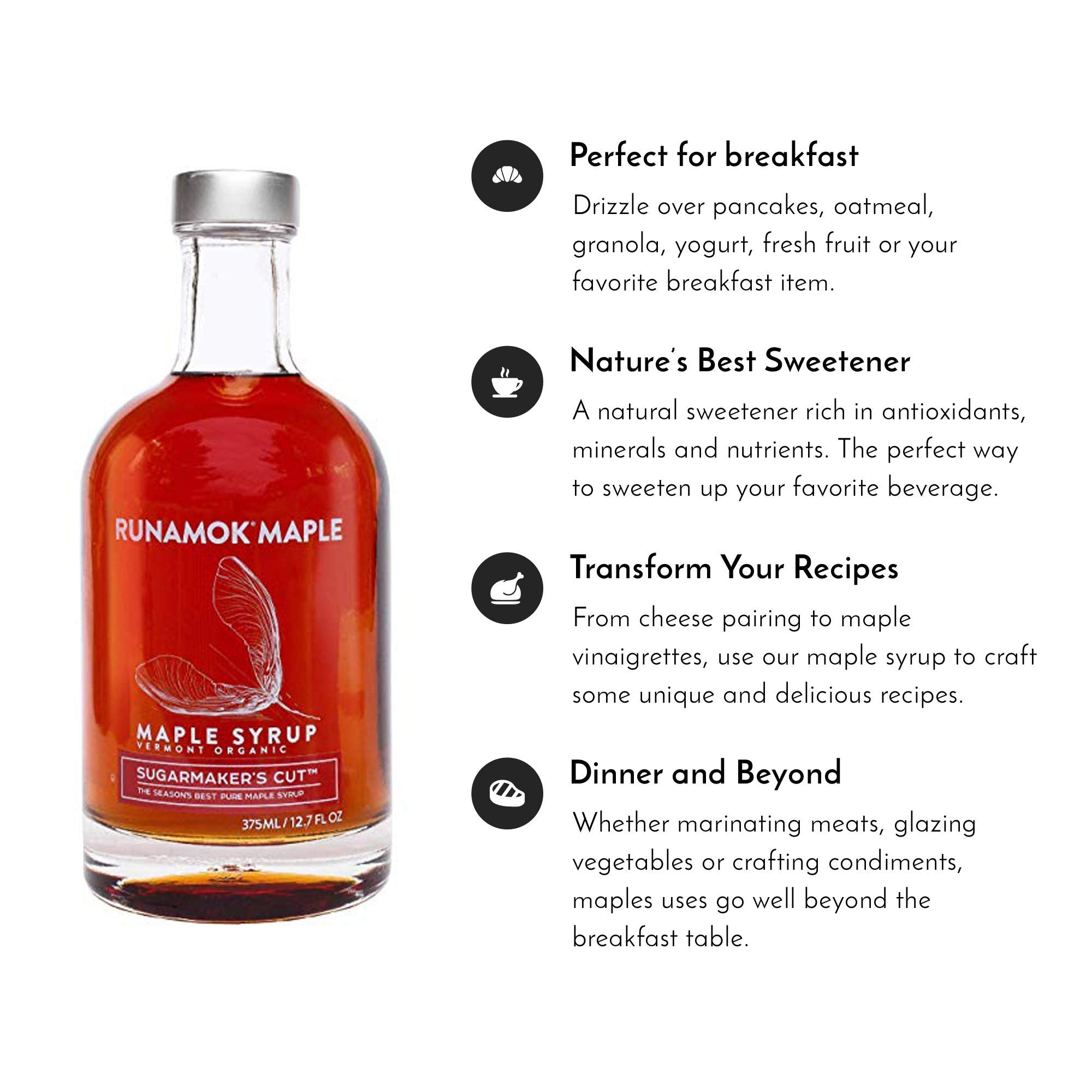 Label on Runamok maple syrup highlighting Vermont origin and organic quality