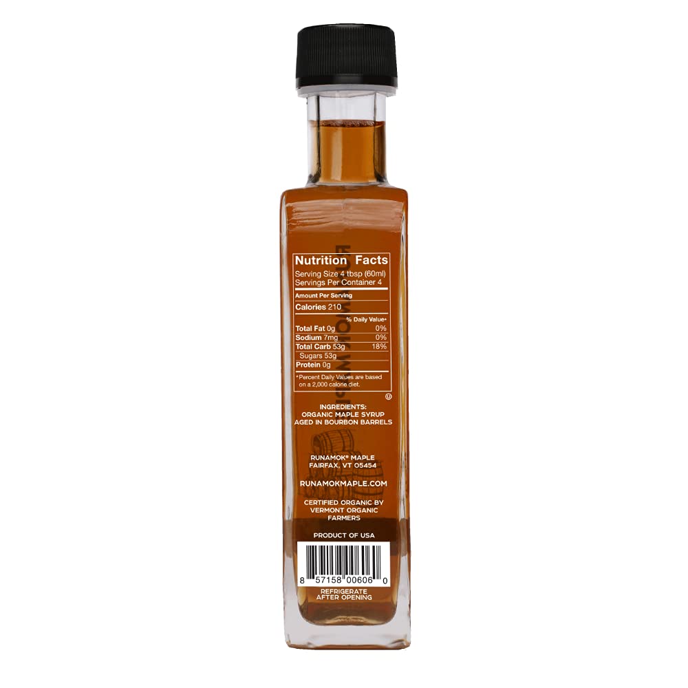 Amber glass Runamok syrup bottle highlighting premium organic Vermont maple.