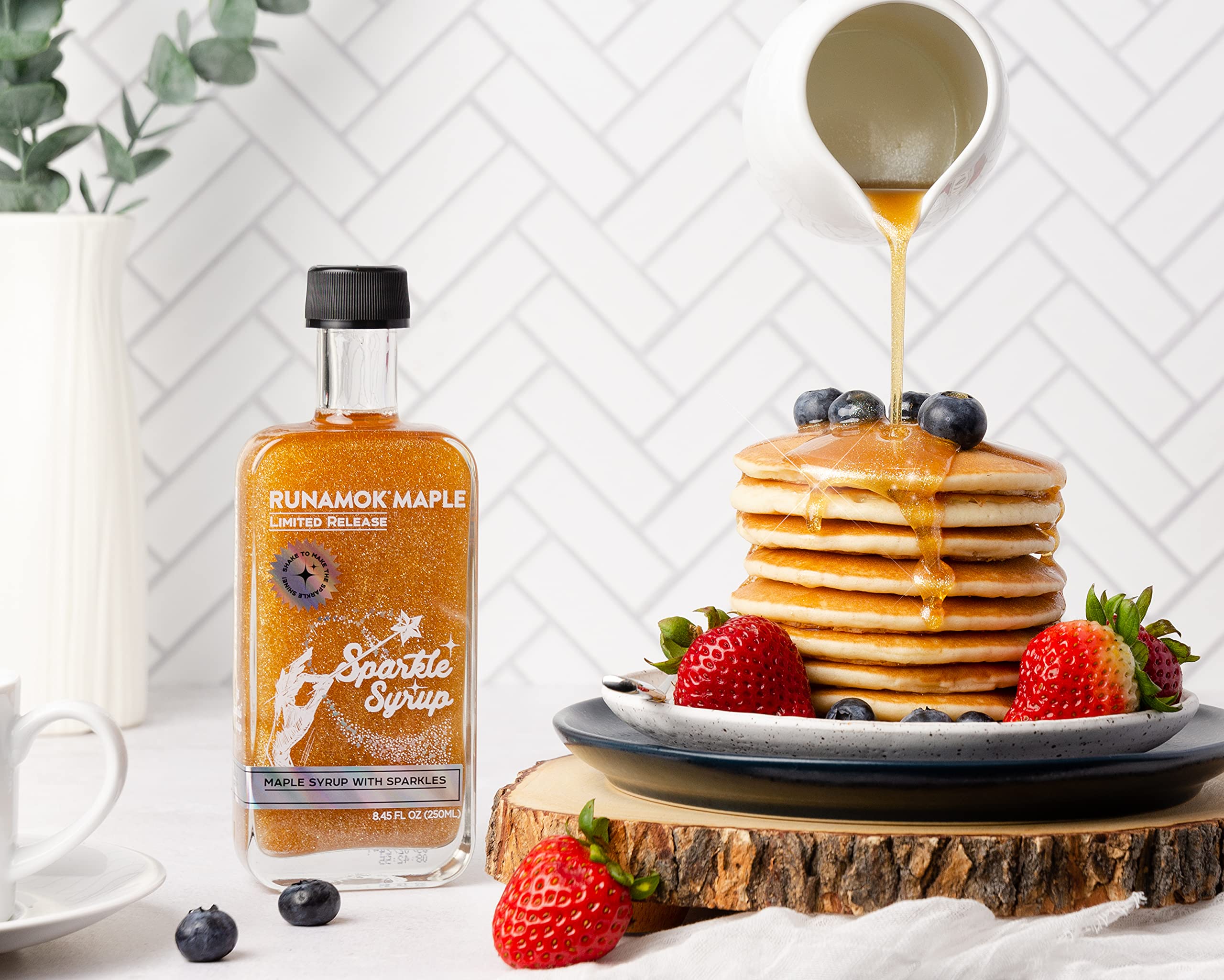 Syrup drizzle from Runamok Sparkle Syrup to glaze a breakfast plate.