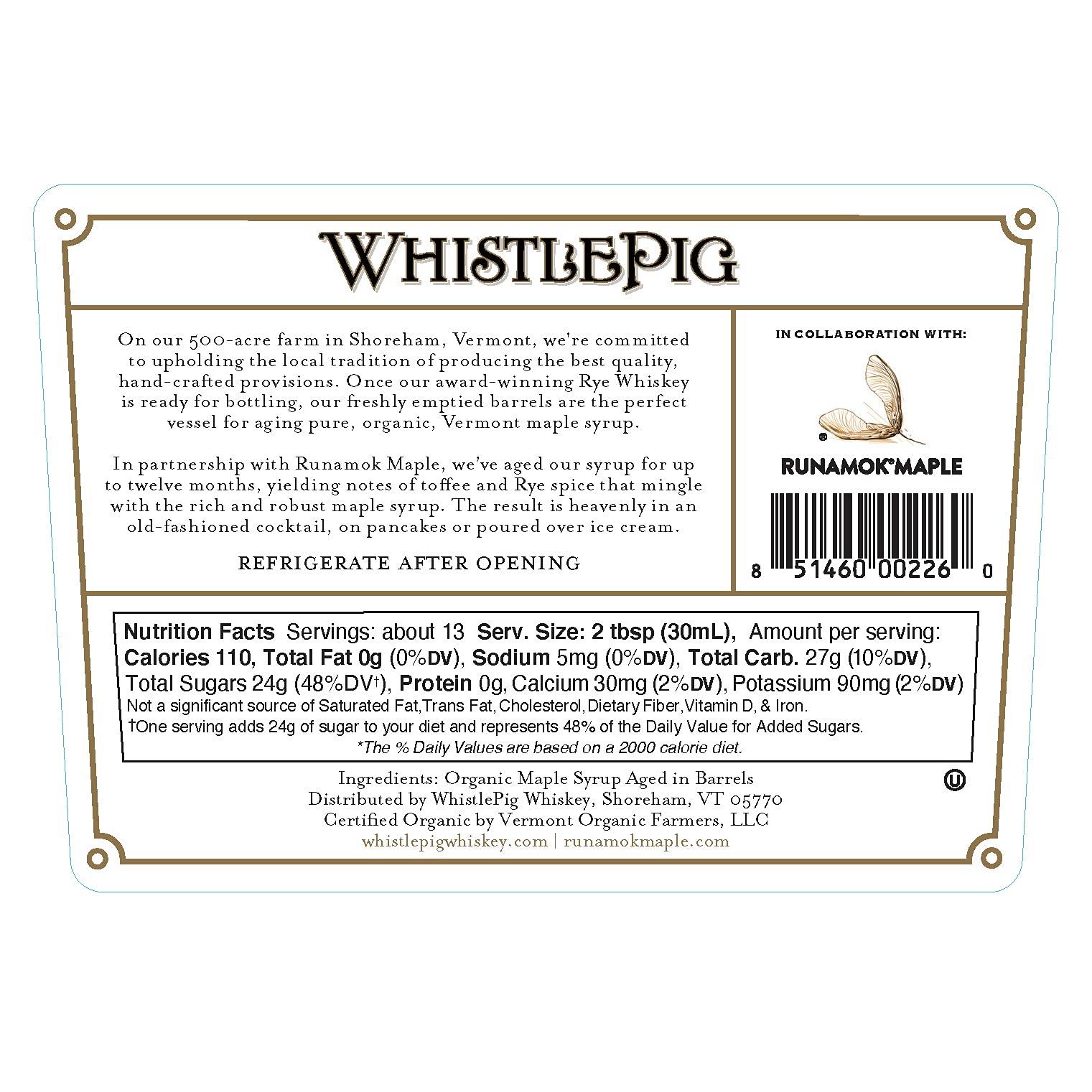 Runamok WhistlePig jar label close-up emphasizes organic, Bird Friendly maple syrup.