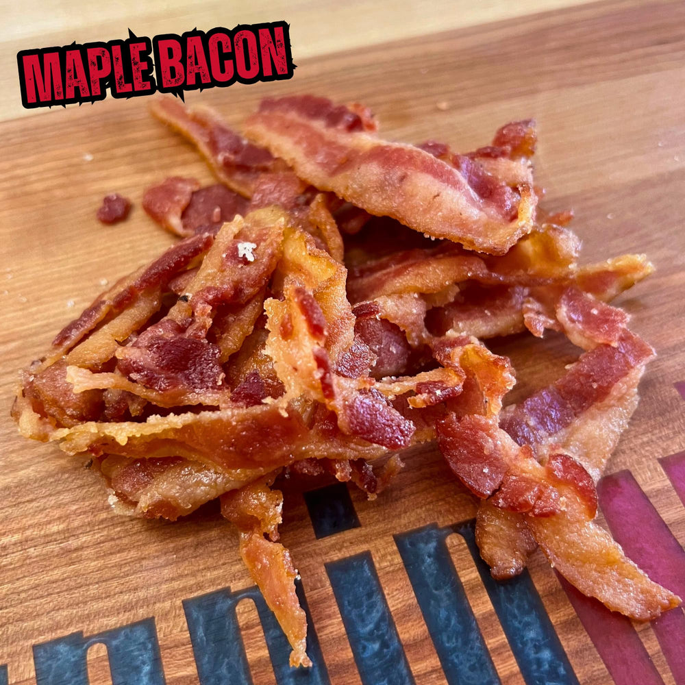 Close-up of RunninWild maple bacon jerky glaze and texture