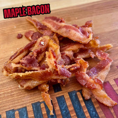 Close-up of RunninWild maple bacon jerky glaze and texture