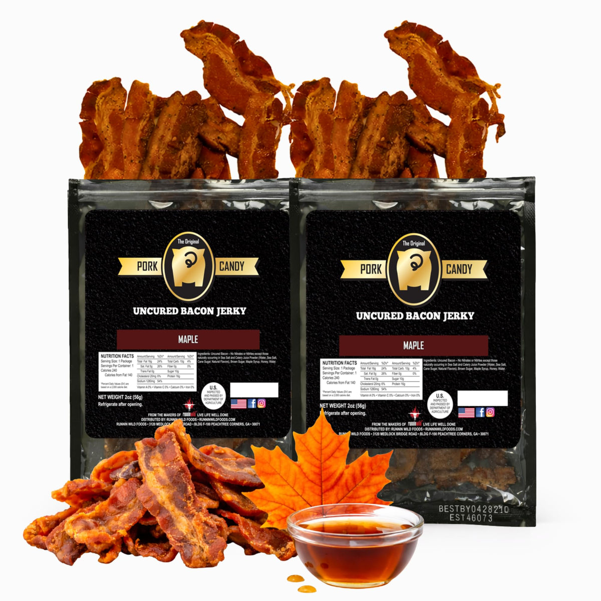 RunninWild maple bacon jerky two bags displayed for convenient snacking