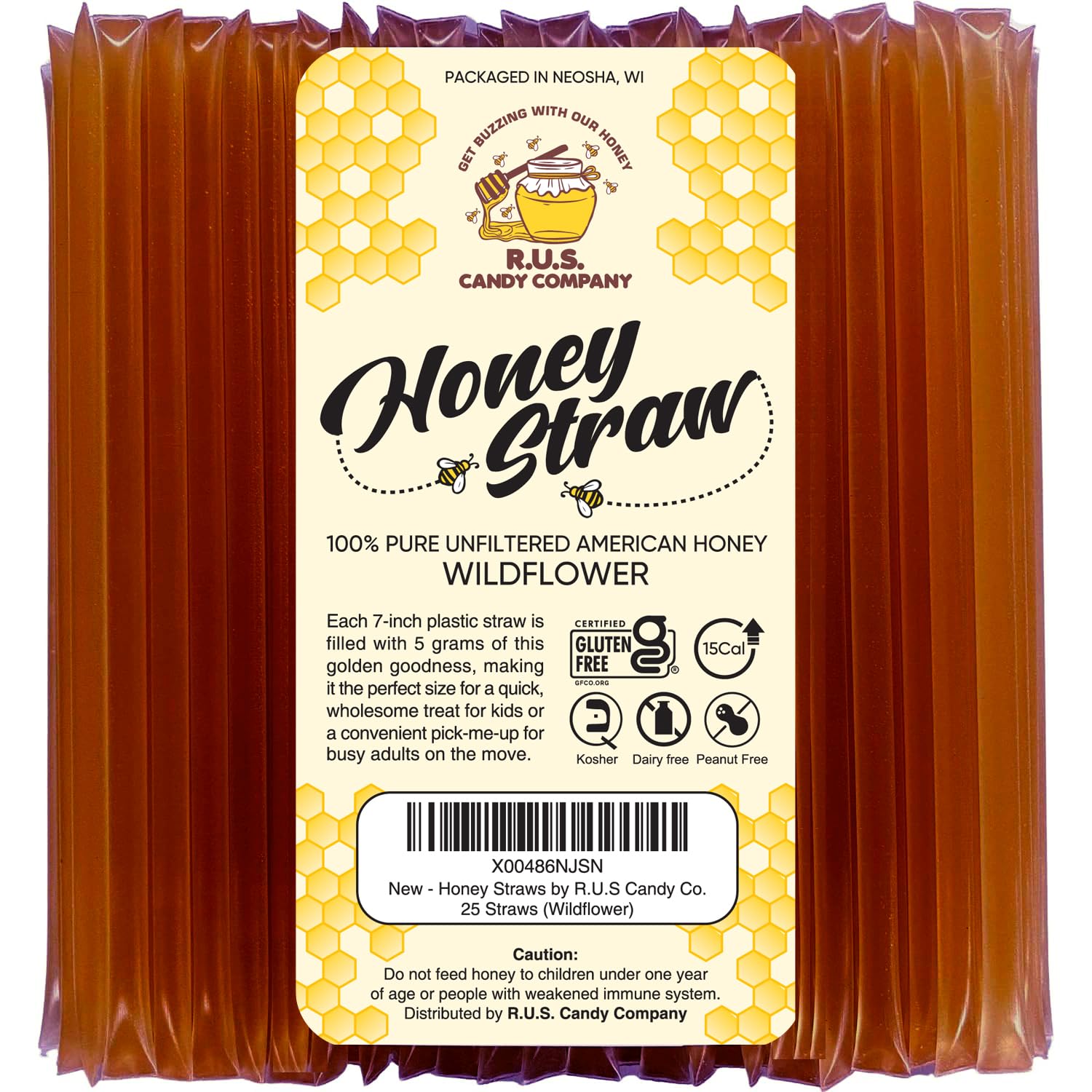 R.U.S. Candy honey sticks package shown for convenient on-the-go sweetness.