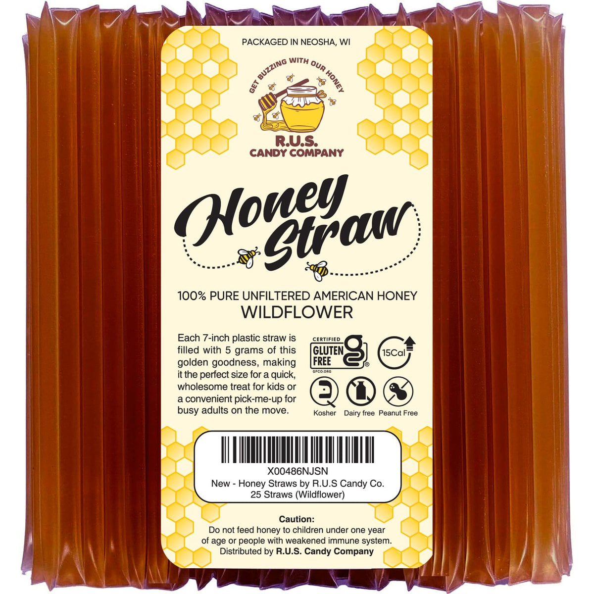 R.U.S. Candy honey sticks package shown for convenient on-the-go sweetness.