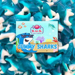 R.U.S. Candy blue gummy sharks bag showing chewy fruity treats for parties