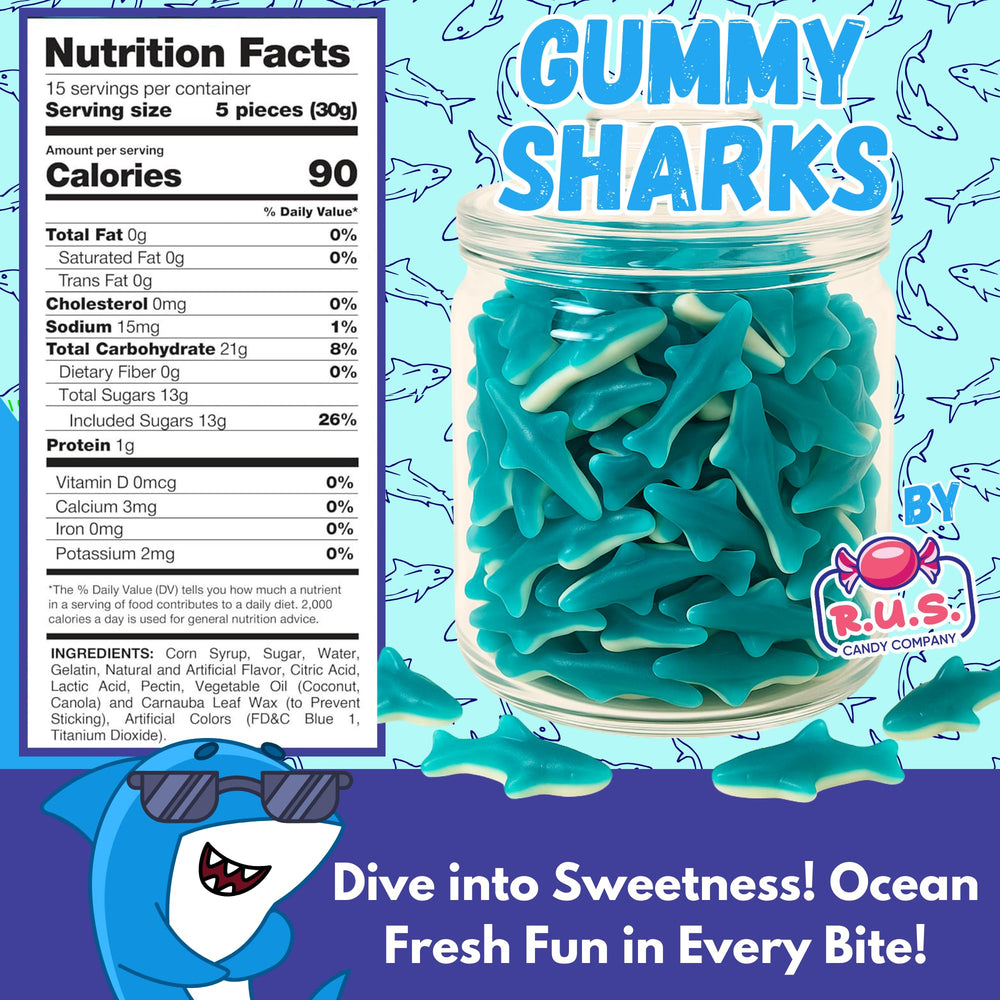 R.U.S. Candy blue raspberry sharks closeup with vibrant color and flavor cue