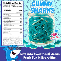 R.U.S. Candy blue raspberry sharks closeup with vibrant color and flavor cue