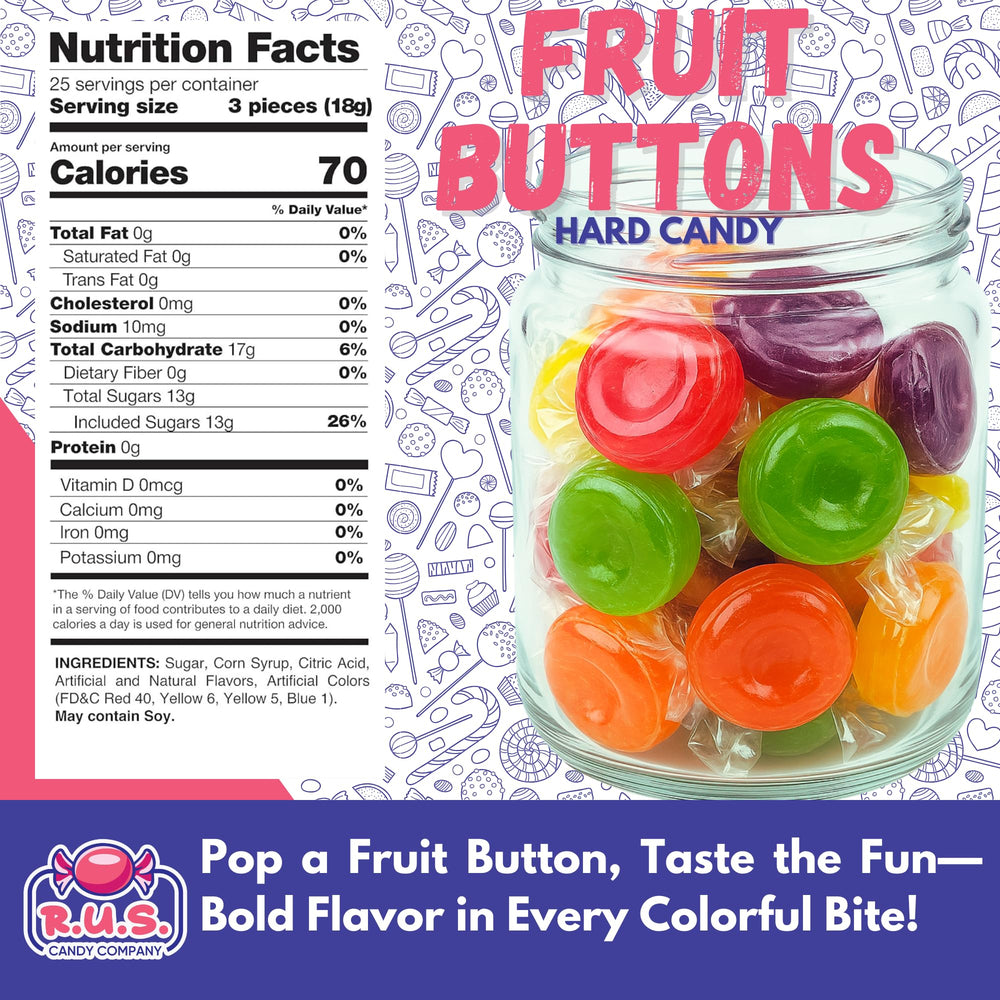 R.U.S. Candy Fruit Buttons Flavors display a rainbow of taste