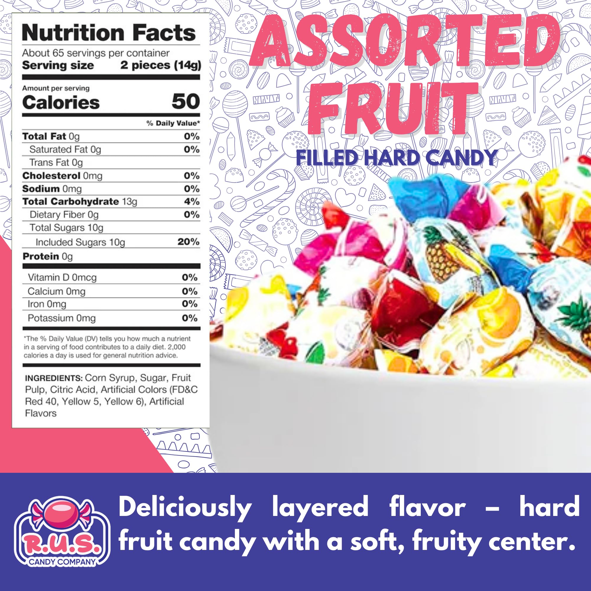 R.U.S. Candy assorted flavors showcase strawberry, orange, lemon, pineapple, and cherry.