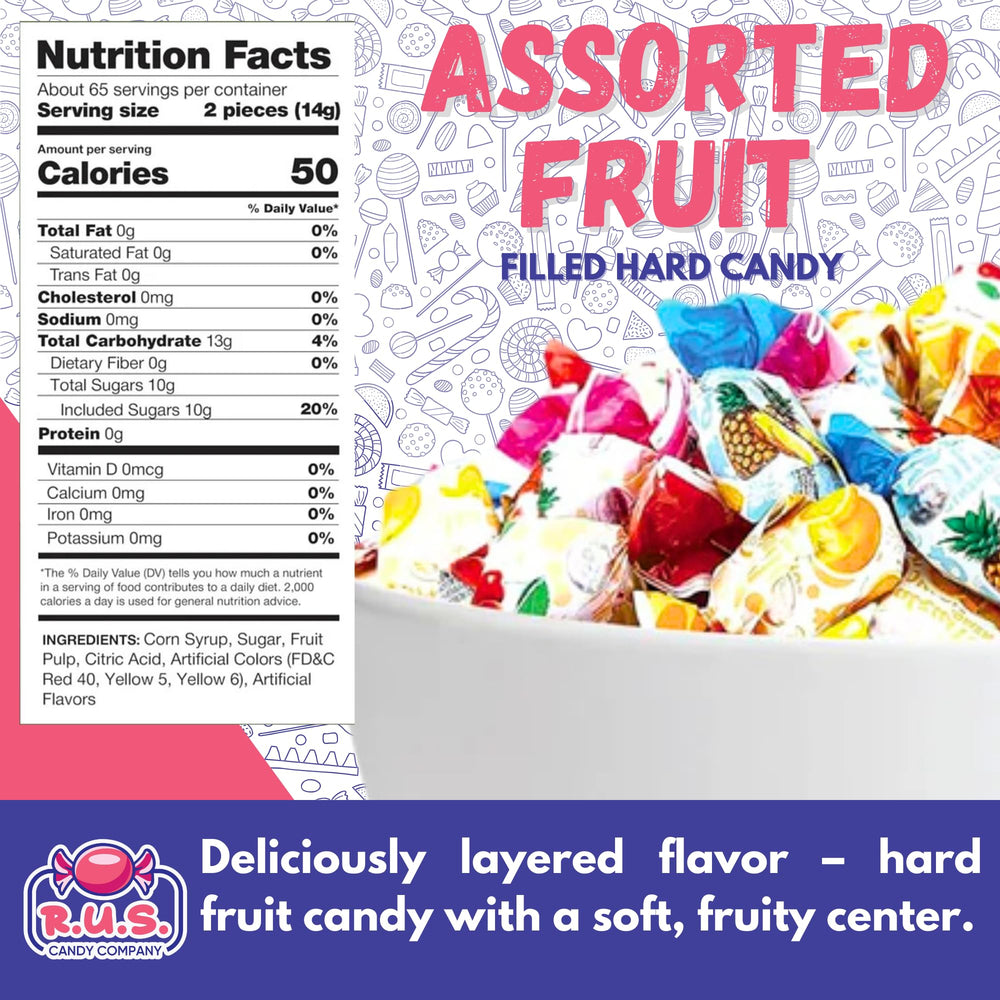 R.U.S. Candy assorted flavors showcase strawberry, orange, lemon, pineapple, and cherry.