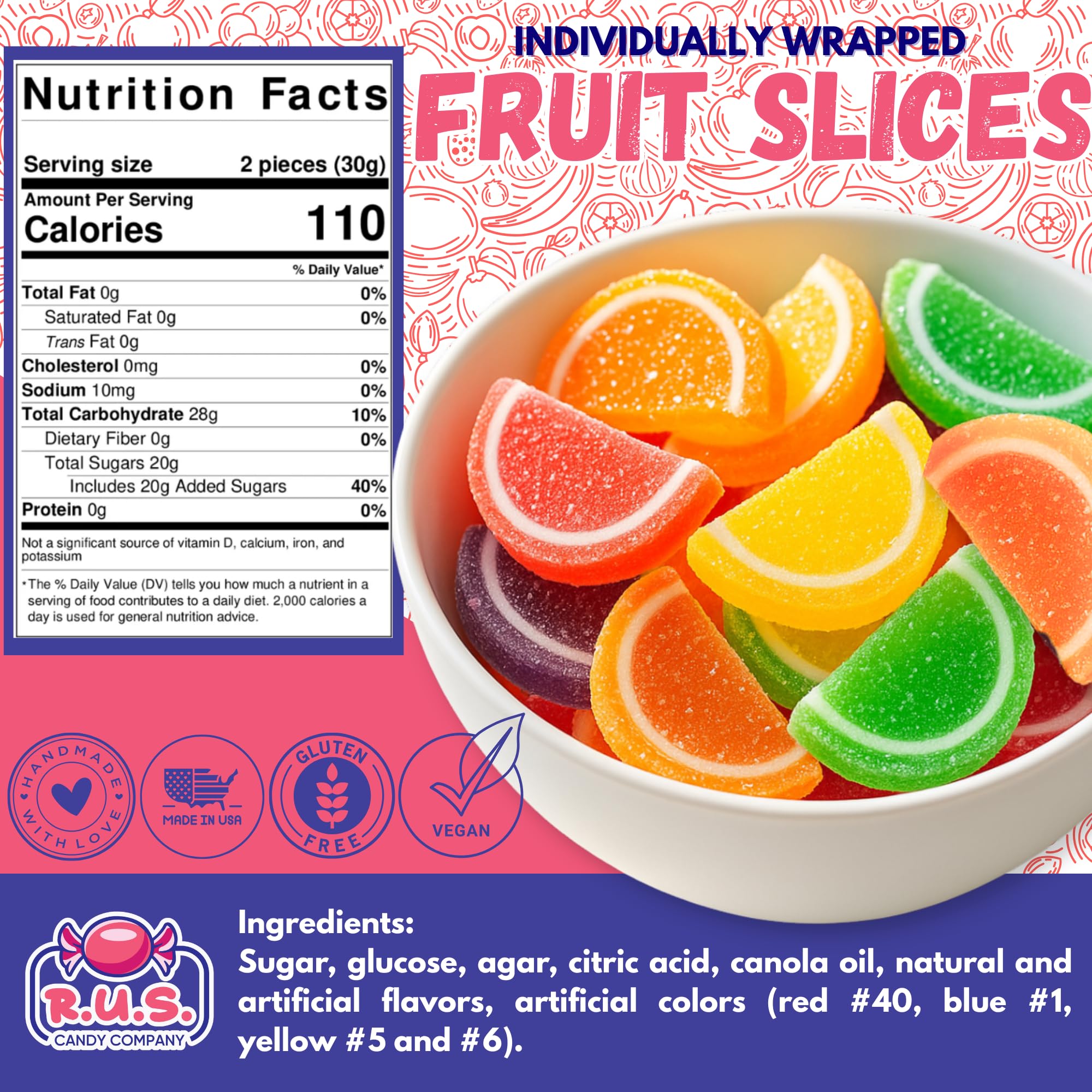 R.U.S. Candy fruit slices with assorted flavors in a colorful display