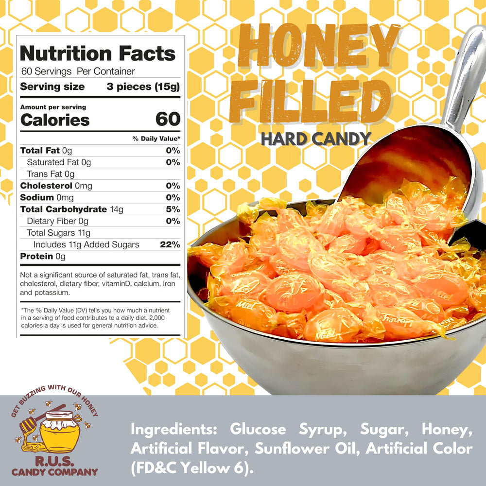 R.U.S. Candy honey center cross-section reveals real honey core.
