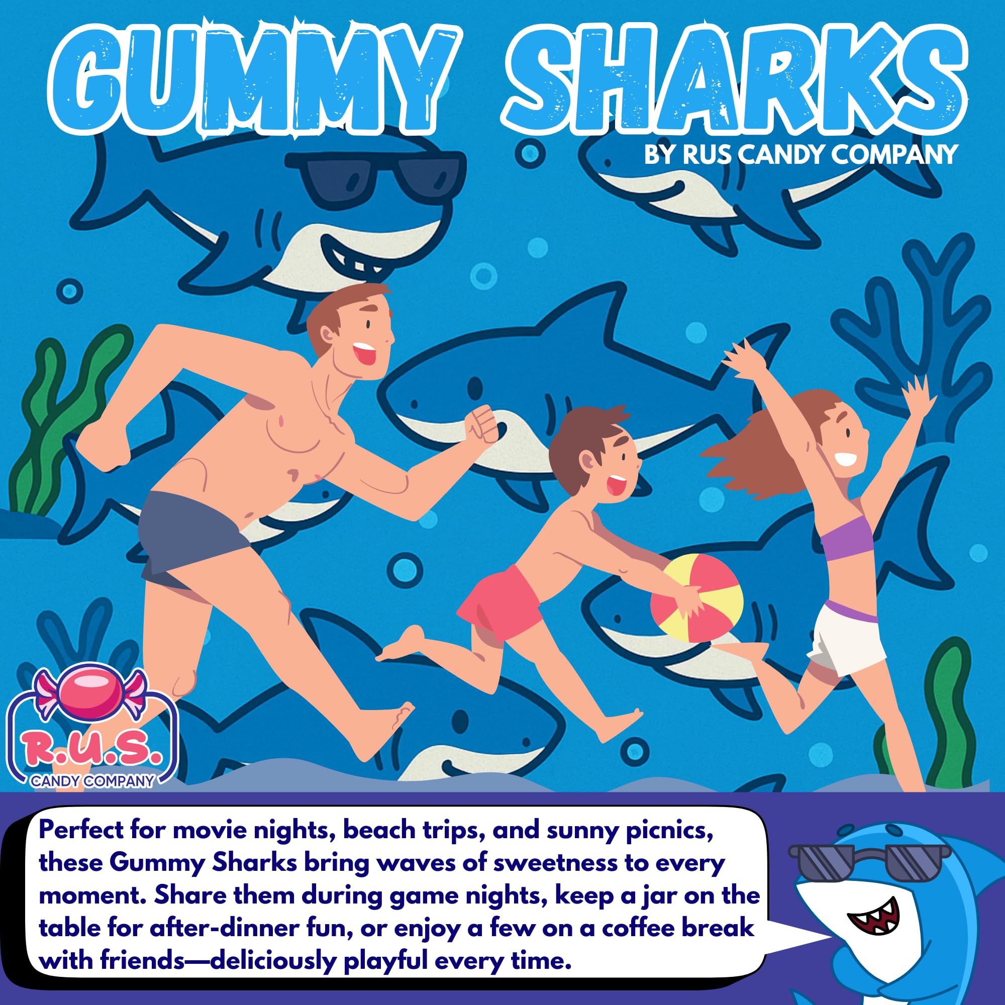 Kids enjoying R.U.S. Candy shark gummies at a party