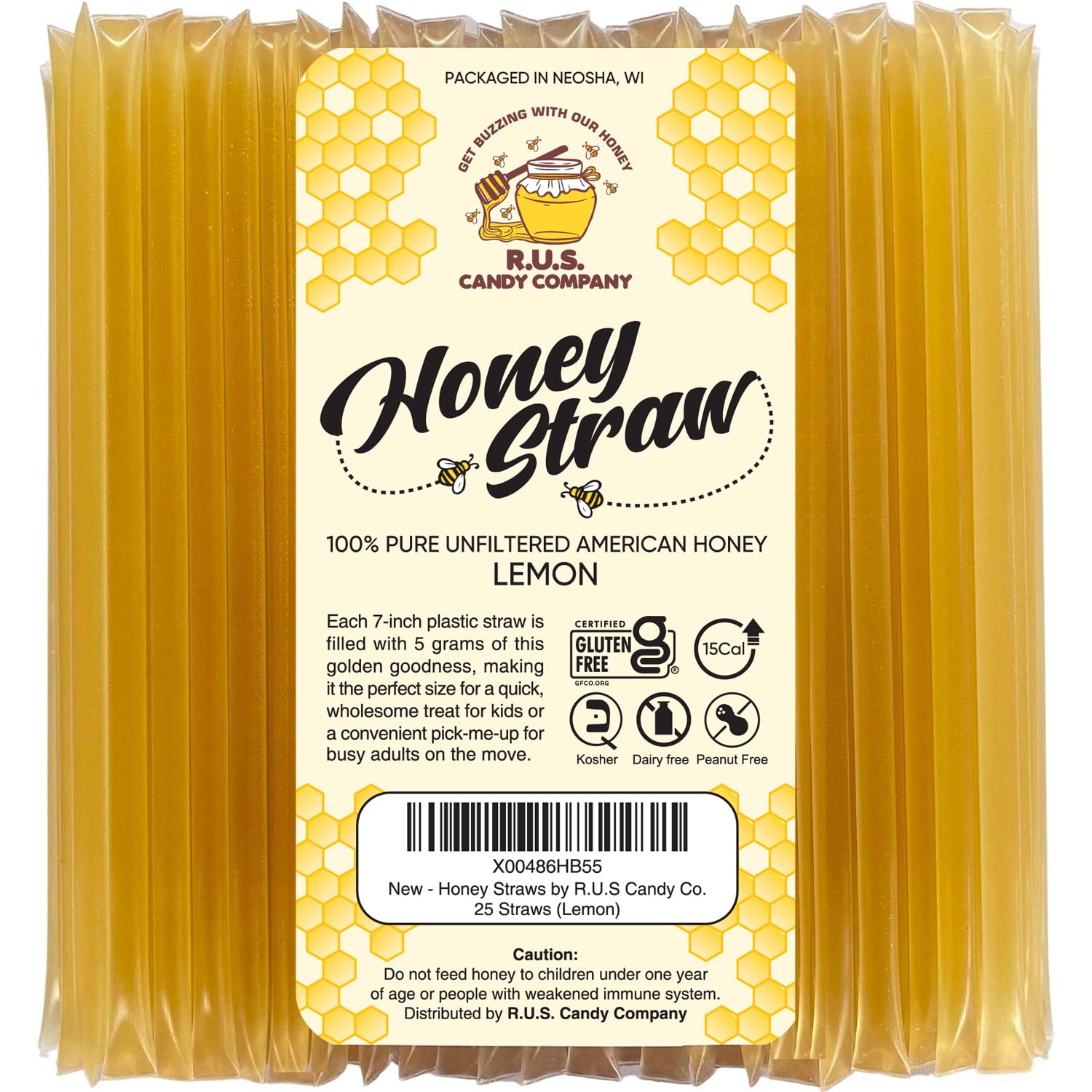 R.U.S. Candy Lemon Honey Straws packaging for convenient on-the-go sweetness