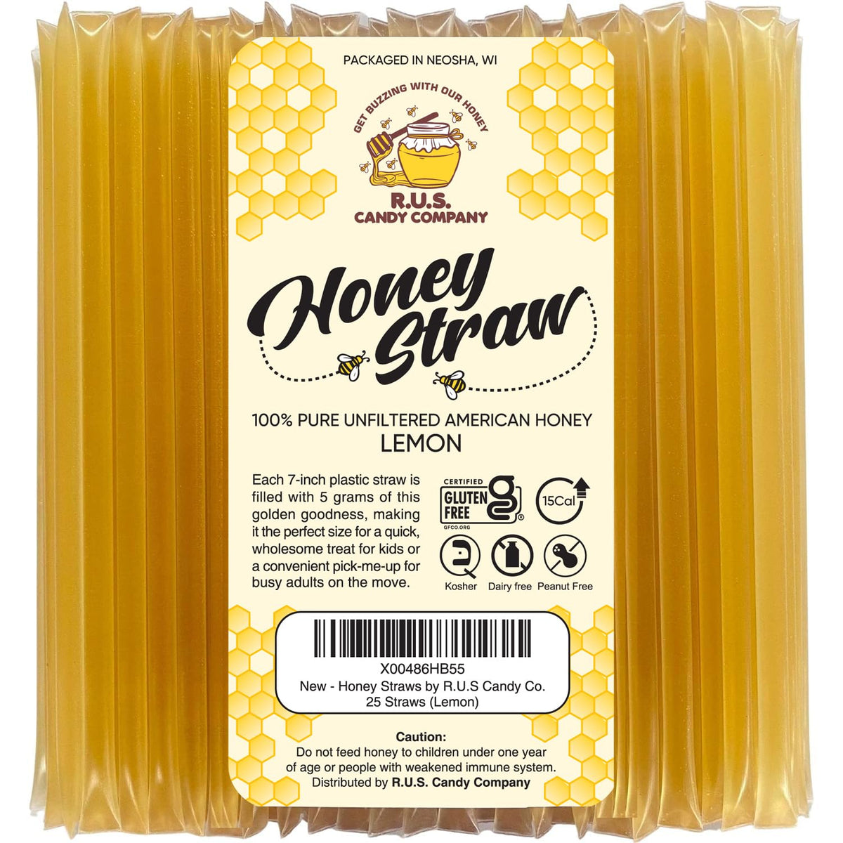 R.U.S. Candy Lemon Honey Straws packaging for convenient on-the-go sweetness
