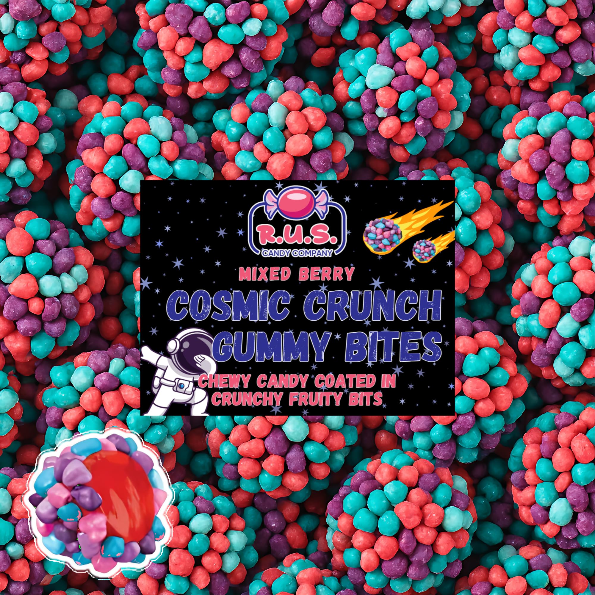 R.U.S. Candy Mixed Berry Cosmic Gummy Bites bag, ideal party sharing.