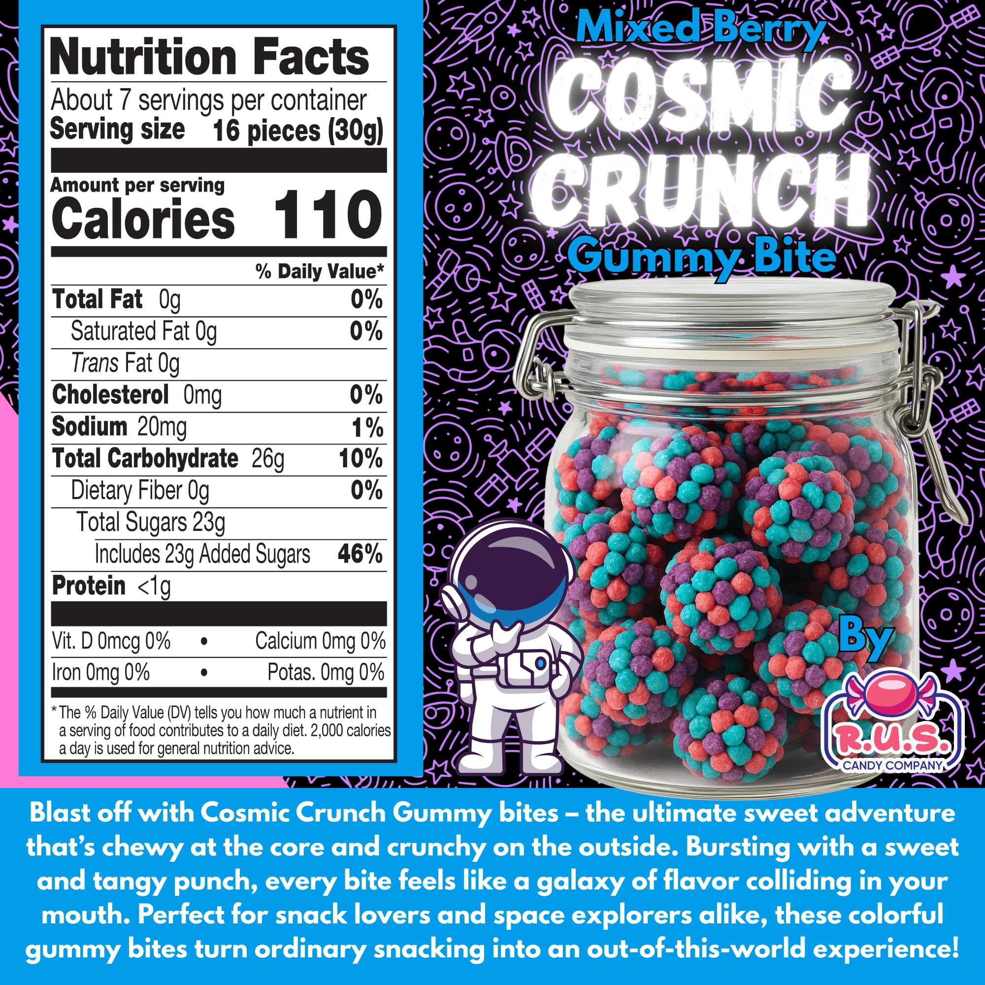 R.U.S. Candy Cosmic Gummy Bites closeup reveals chewy center and crunchy shell.