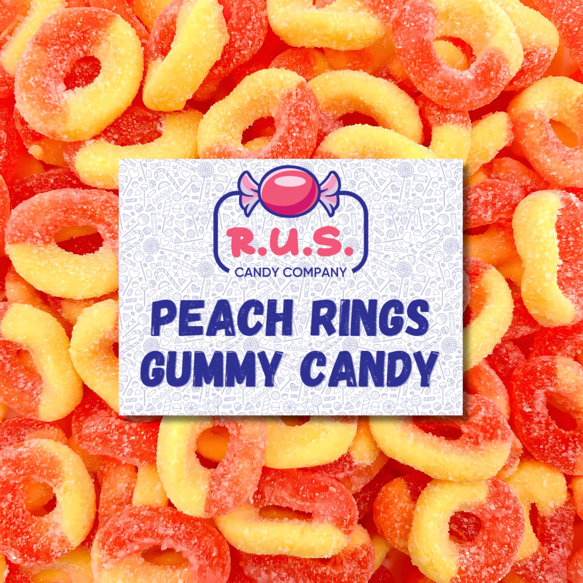 R.U.S. Candy Peach Rings bulk 8oz front, ideal for parties and sharing.