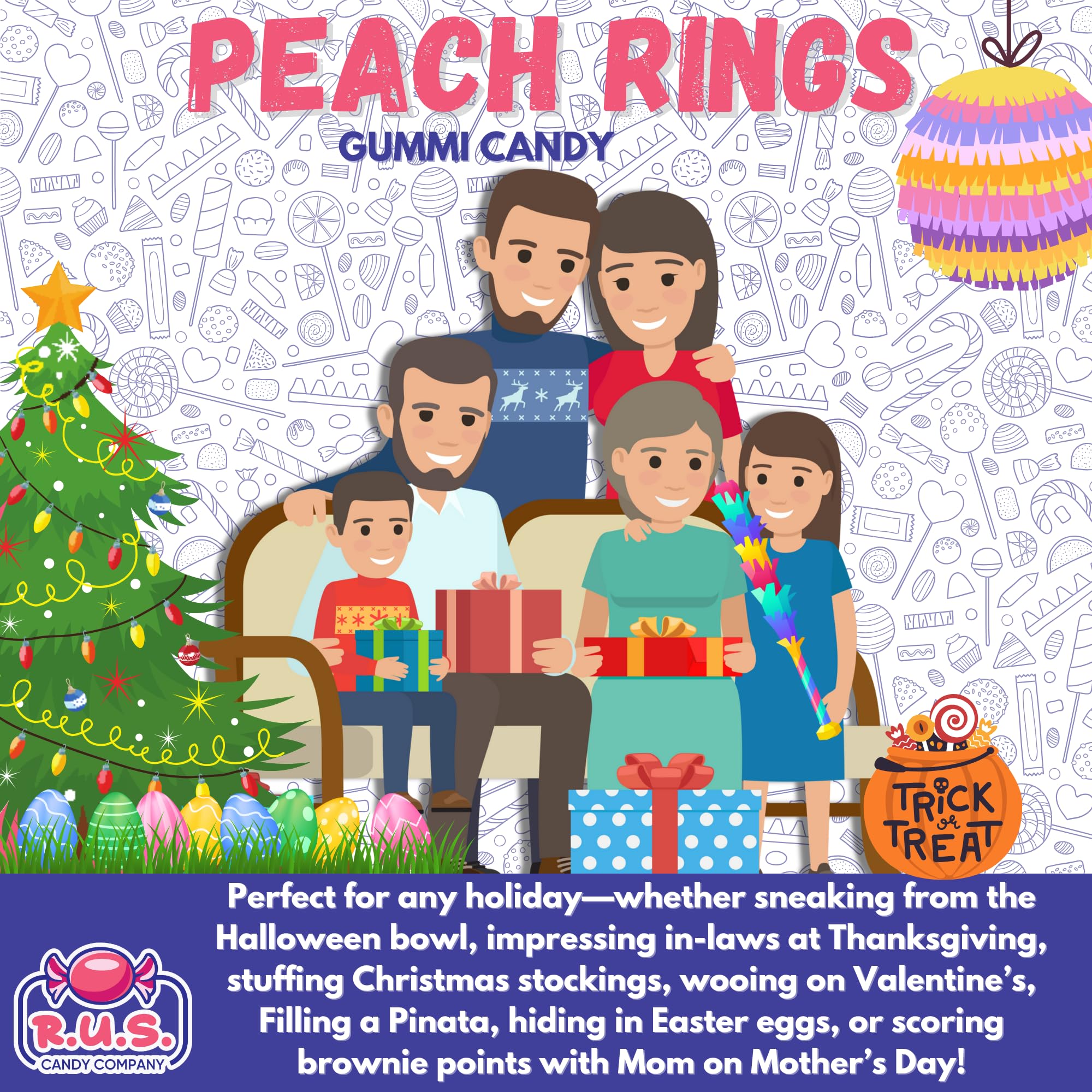 R.U.S. Candy Peach Rings bulk packaging display ready for gifting.