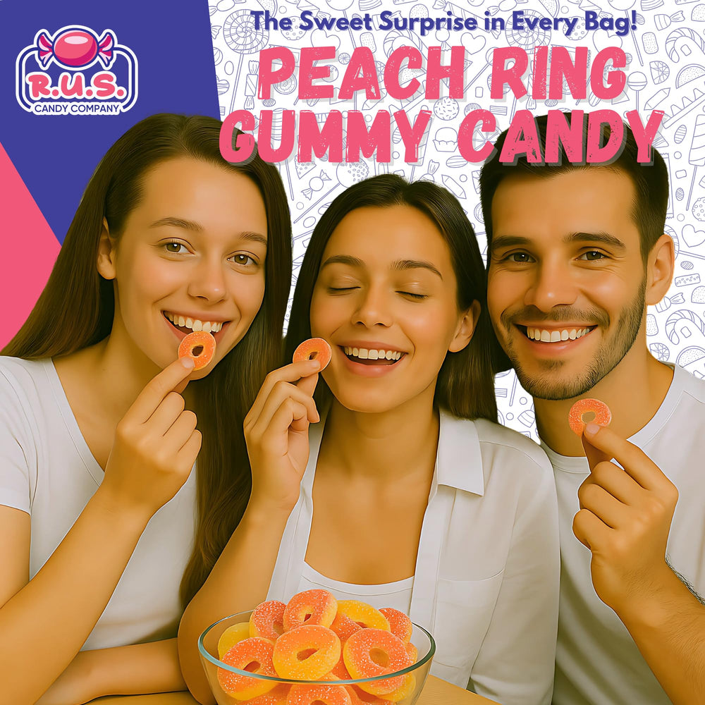 R.U.S. Candy Peach Rings gluten-free label visible on packaging.