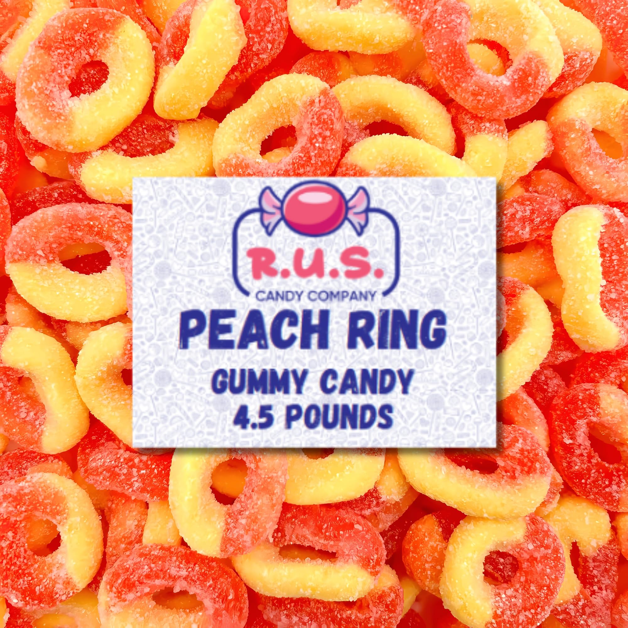 R.U.S. Candy Peach Rings Gummies bulk packaging for parties and sharing.