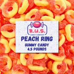 R.U.S. Candy Peach Rings Gummies bulk packaging for parties and sharing.