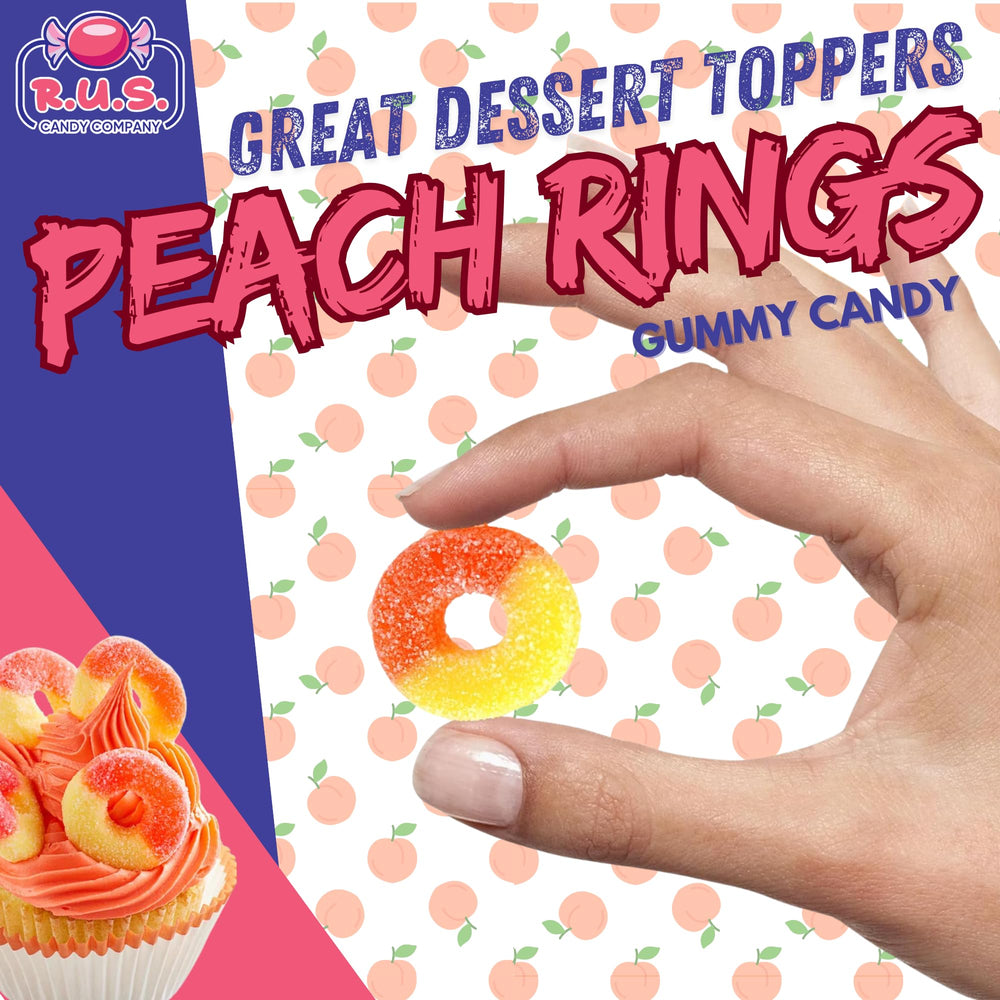 R.U.S. Candy Peach Rings Gummies two 8 oz bags for easy storage.