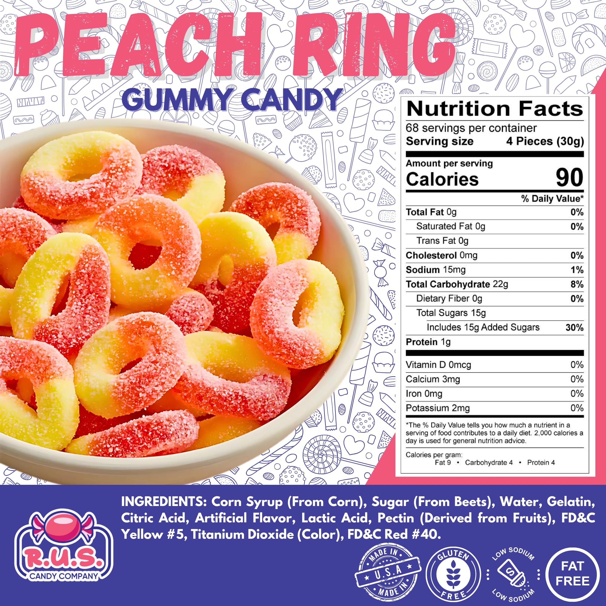 R.U.S. Candy Peach Rings Gummies gluten-free soft chewy texture.