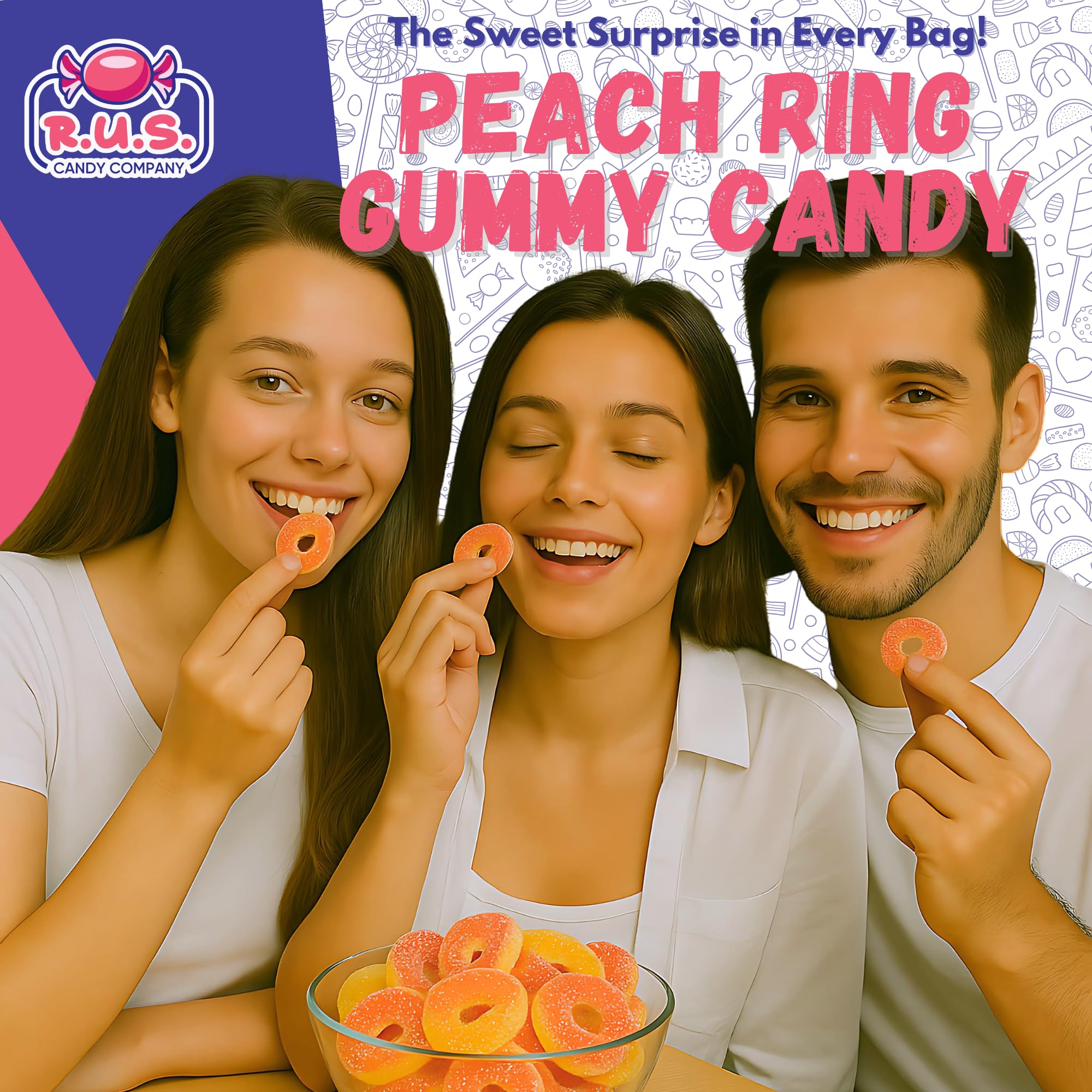 R.U.S. Candy Peach Rings Gummies ideal for parties and gatherings.