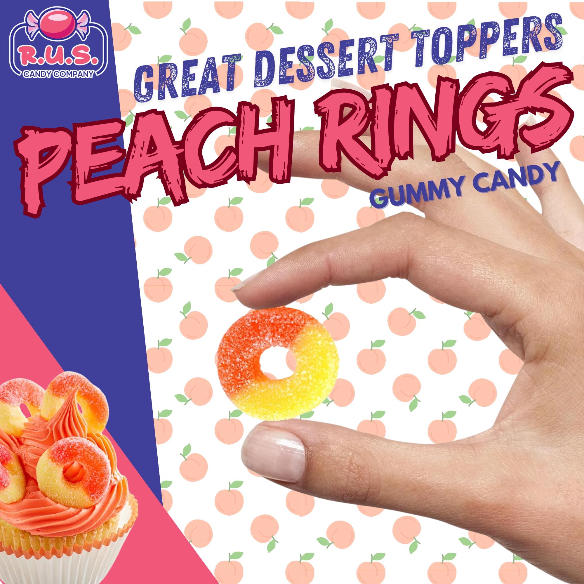 R.U.S. Candy Peach Rings party snack setup with bowls and scoops.