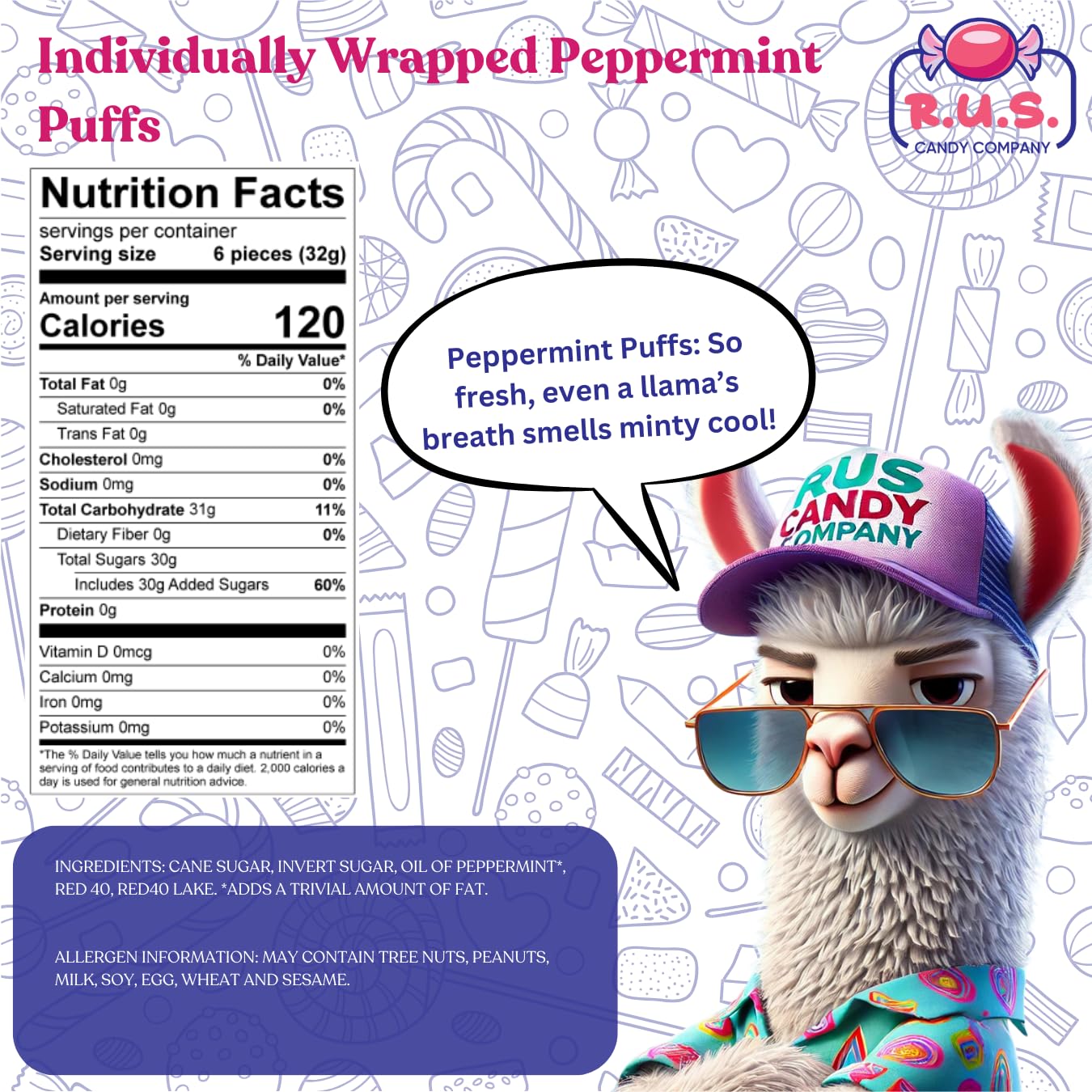 Closeup of R.U.S. Candy Peppermint Puffs showing soft chew texture
