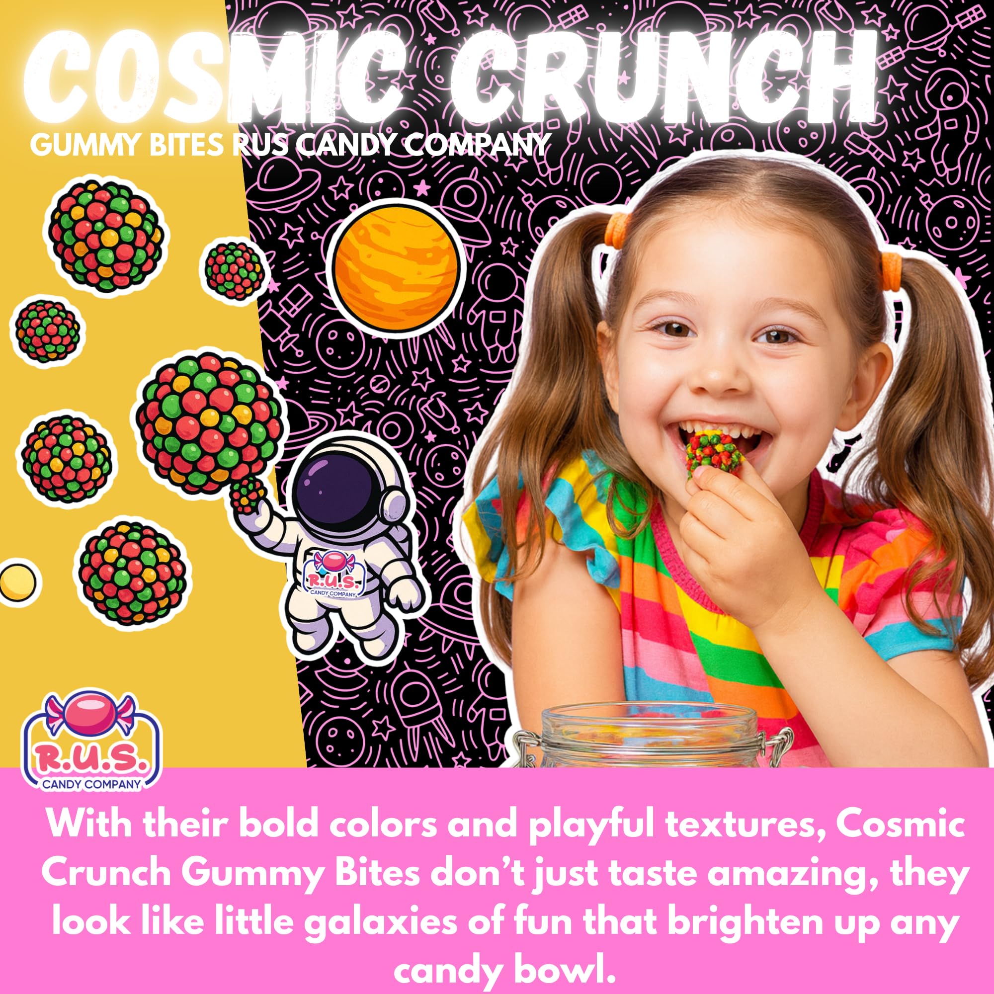 R.U.S. Candy Rainbow Cosmic Crunch Gummy Bites bag open; ready for party snacking.