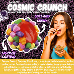 R.U.S. Candy Rainbow Cosmic Crunch Gummy Bites center chew; chewy core with tangy crunch.
