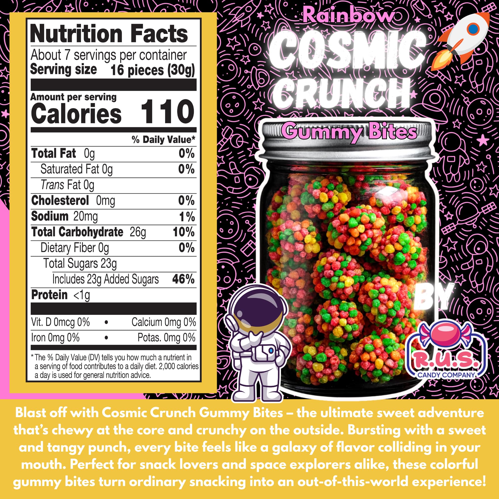 R.U.S. Candy Rainbow Cosmic Crunch Gummy Bites coating closeup; crunchy candy shell in action.