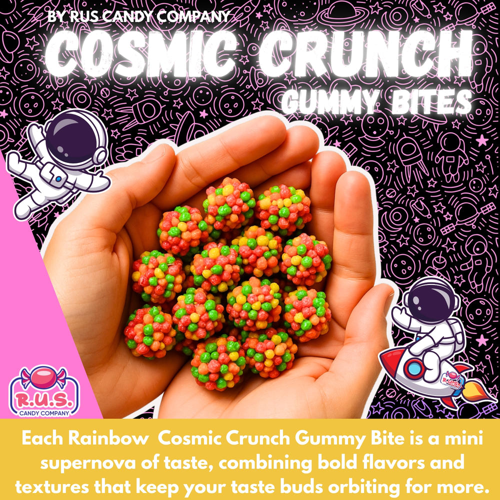 R.U.S. Candy Rainbow Cosmic Crunch Gummy Bites party table; colorful treats elevate dessert displays.