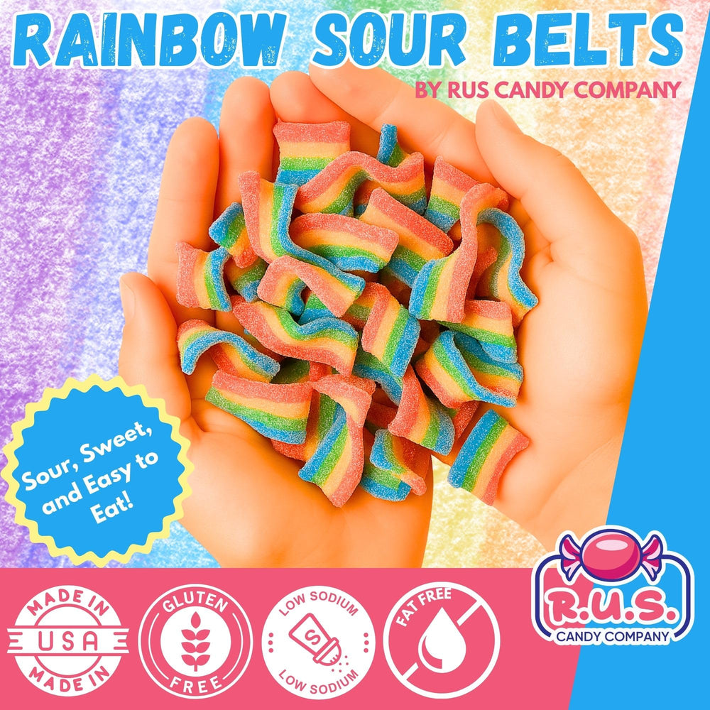 8-ounce bag of Rainbow Sour Belts ready for sharing at gatherings.