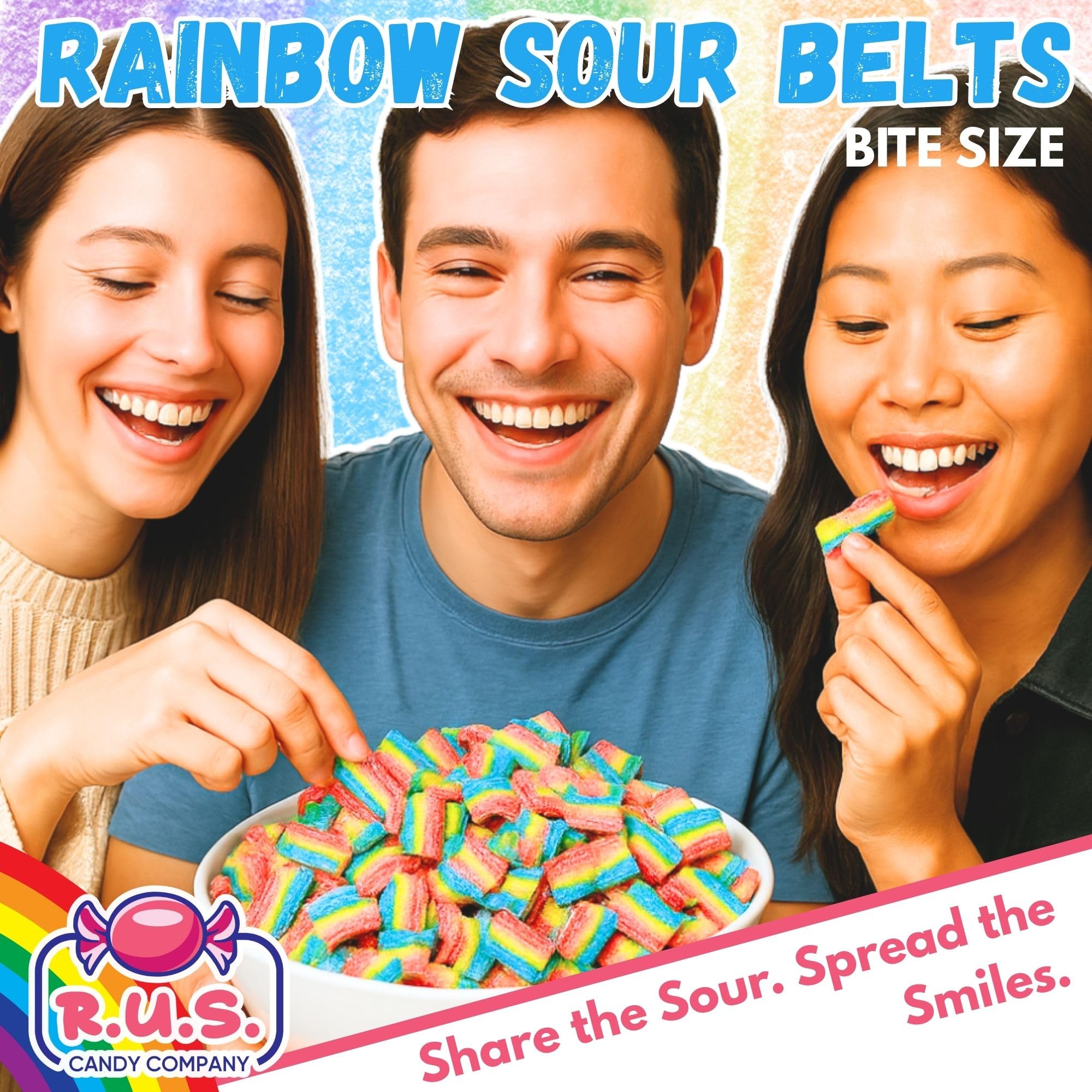 R.U.S. Candy Rainbow Sour Belts blue raspberry sticks highlight bold flavors.