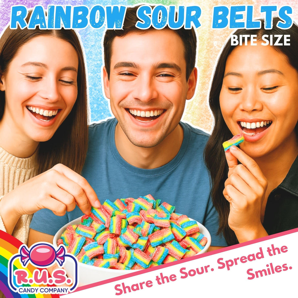 R.U.S. Candy Rainbow Sour Belts blue raspberry sticks highlight bold flavors.